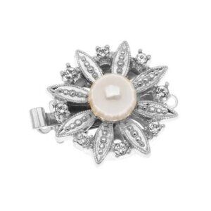 Rhodium Plated 1-Strand Box Clasp - Ornate Flower With Crystals And Pearl- 20mm